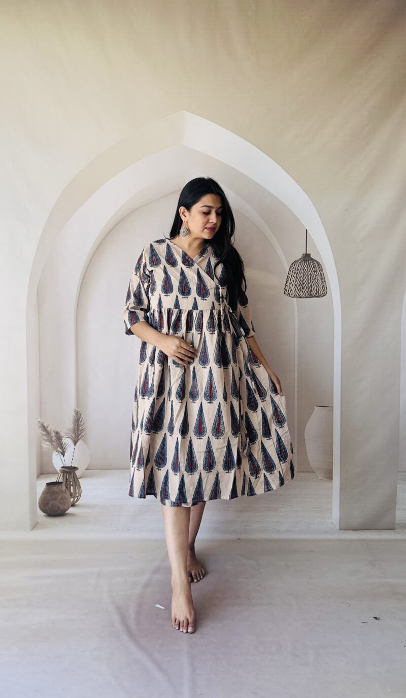 Cotton Kantha Ajrakh Natural Dyed Handblock Print Angarakha (Wrap Round One piece)