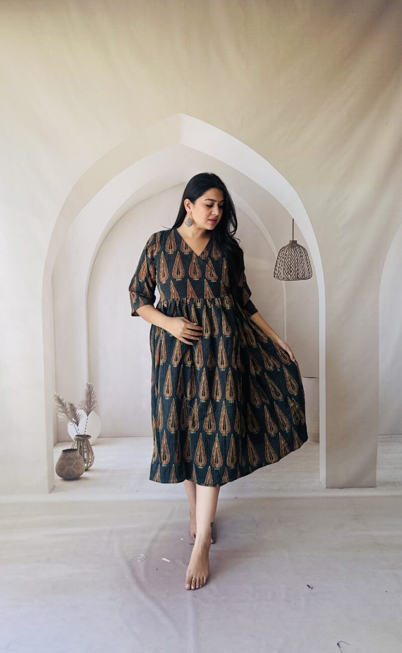 Cotton Kantha Ajrakh Natural Dyed Handblock Print Angarakha (Wrap Round One piece) - Image 4
