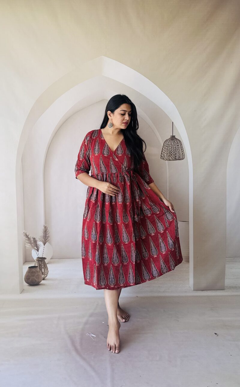 Cotton Kantha Ajrakh Natural Dyed Handblock Print Angarakha (Wrap Round One piece) - Image 7