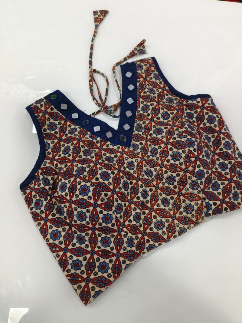 Ajrakh Mirror work Readymade Sleeveless Blouse - Size 38+4" - Image 14