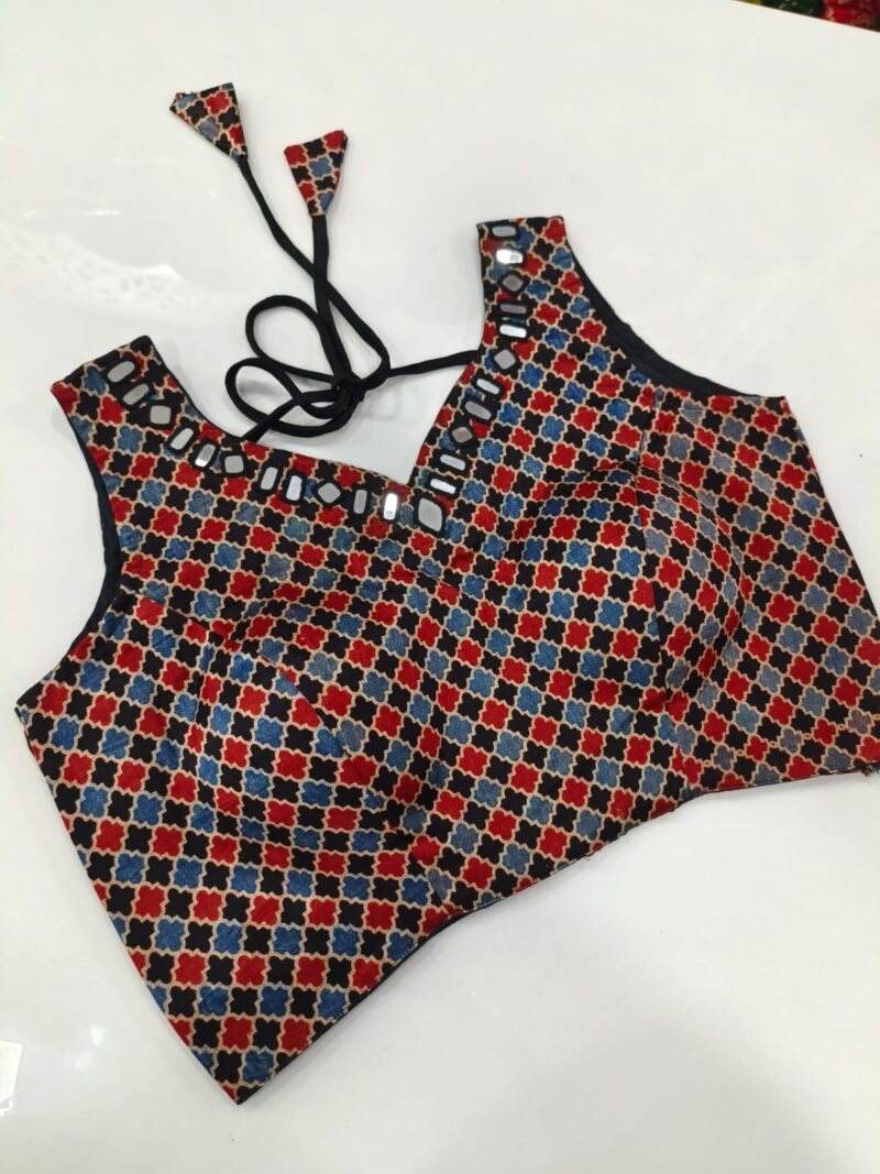 Ajrakh Mirror work Readymade Sleeveless Blouse - Size 38+4" - Image 13