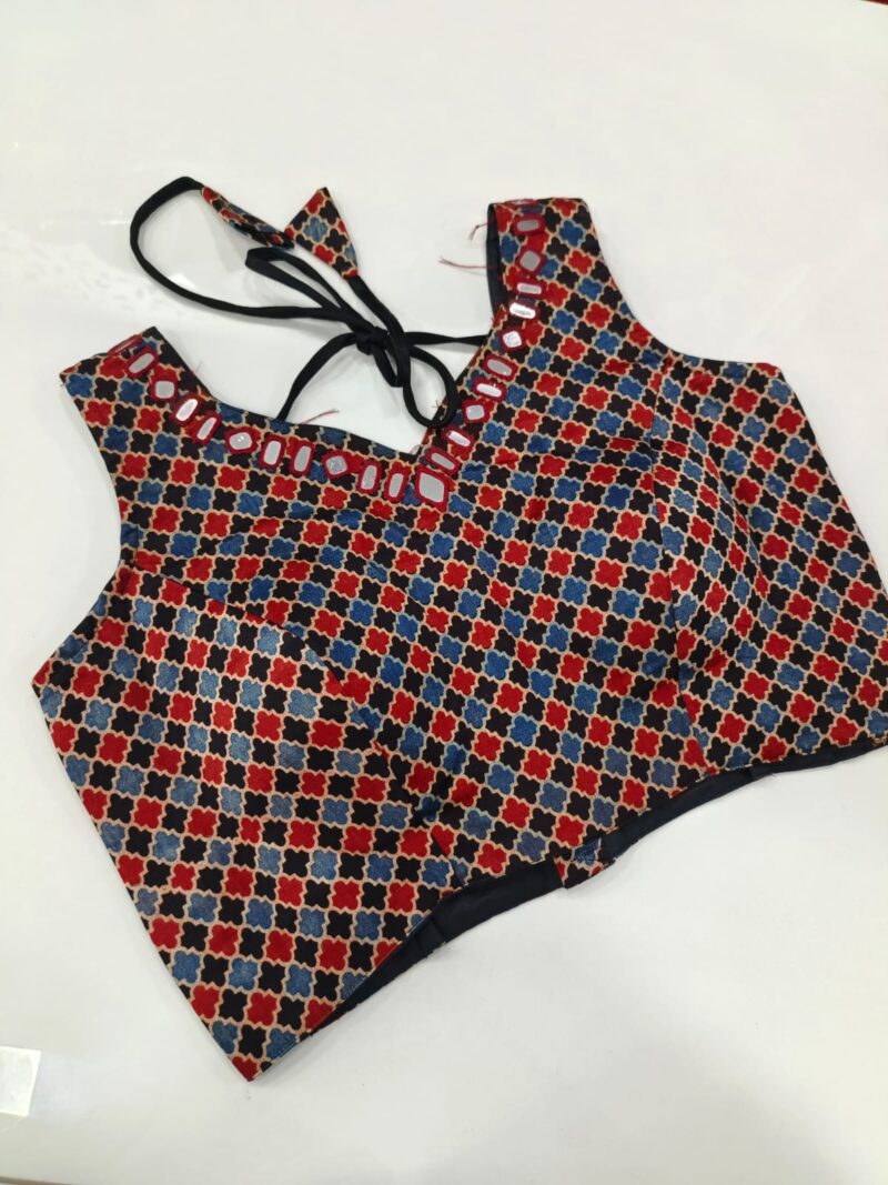 Ajrakh Mirror work Readymade Sleeveless Blouse - Size 38+4" - Image 11