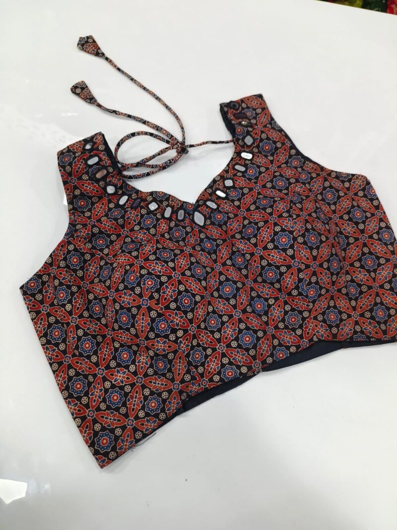 Ajrakh Mirror work Readymade Sleeveless Blouse - Size 38+4" - Image 8