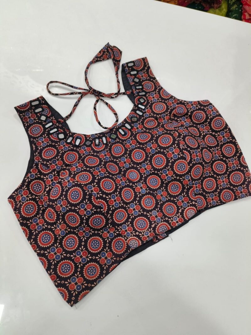 Ajrakh Mirror work Readymade Sleeveless Blouse - Size 38+4" - Image 5