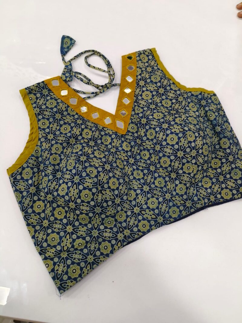 Ajrakh Mirror work Readymade Sleeveless Blouse - Size 38+4" - Image 3