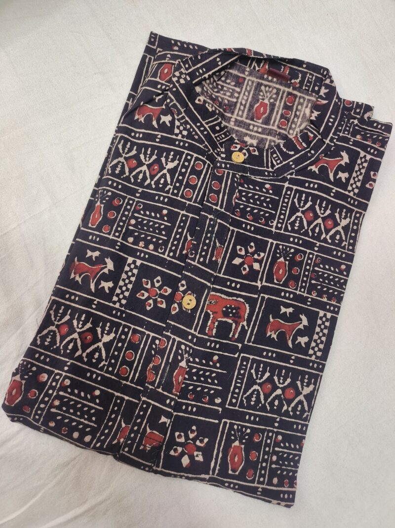 Ajrakh Cotton Short Kurta for Men – Hand Block Printed | Jaipuri Printed | Long Sleeves | Summer Wear - Image 3